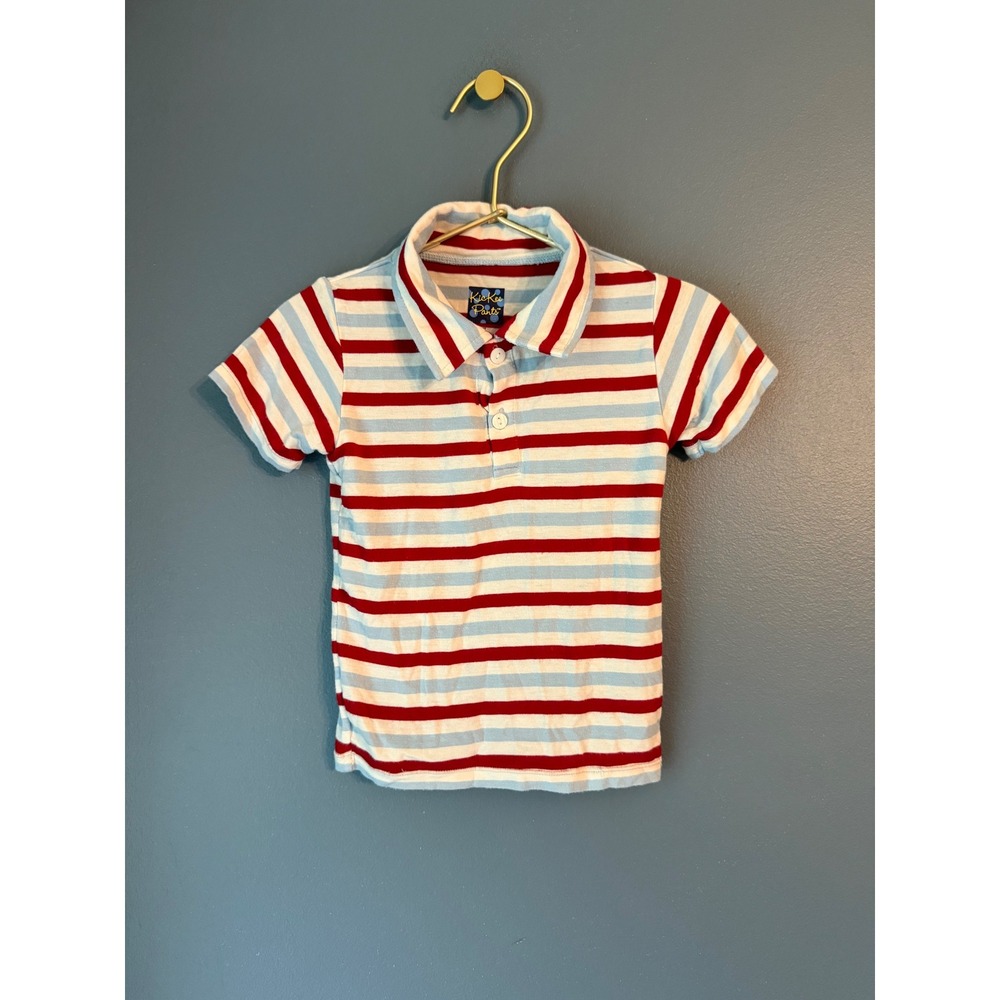 KicKee Pants Boys Red Blue White Striped Bamboo Polo Shirt 2T